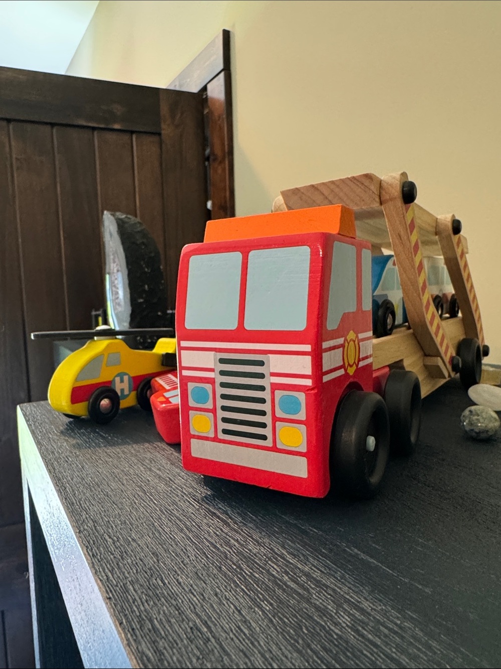 Melissa & Doug Red and Yellow Wooden Vehicle Carrier Playset - Picture 4 of 5